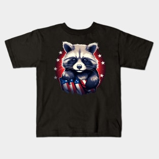 raccoon proudly American flaG Kids T-Shirt